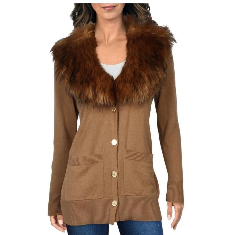 MICHAEL KORS Tan Cardigan Sweater with Faux Fur Collar. Size XL - Picture 2 of 12